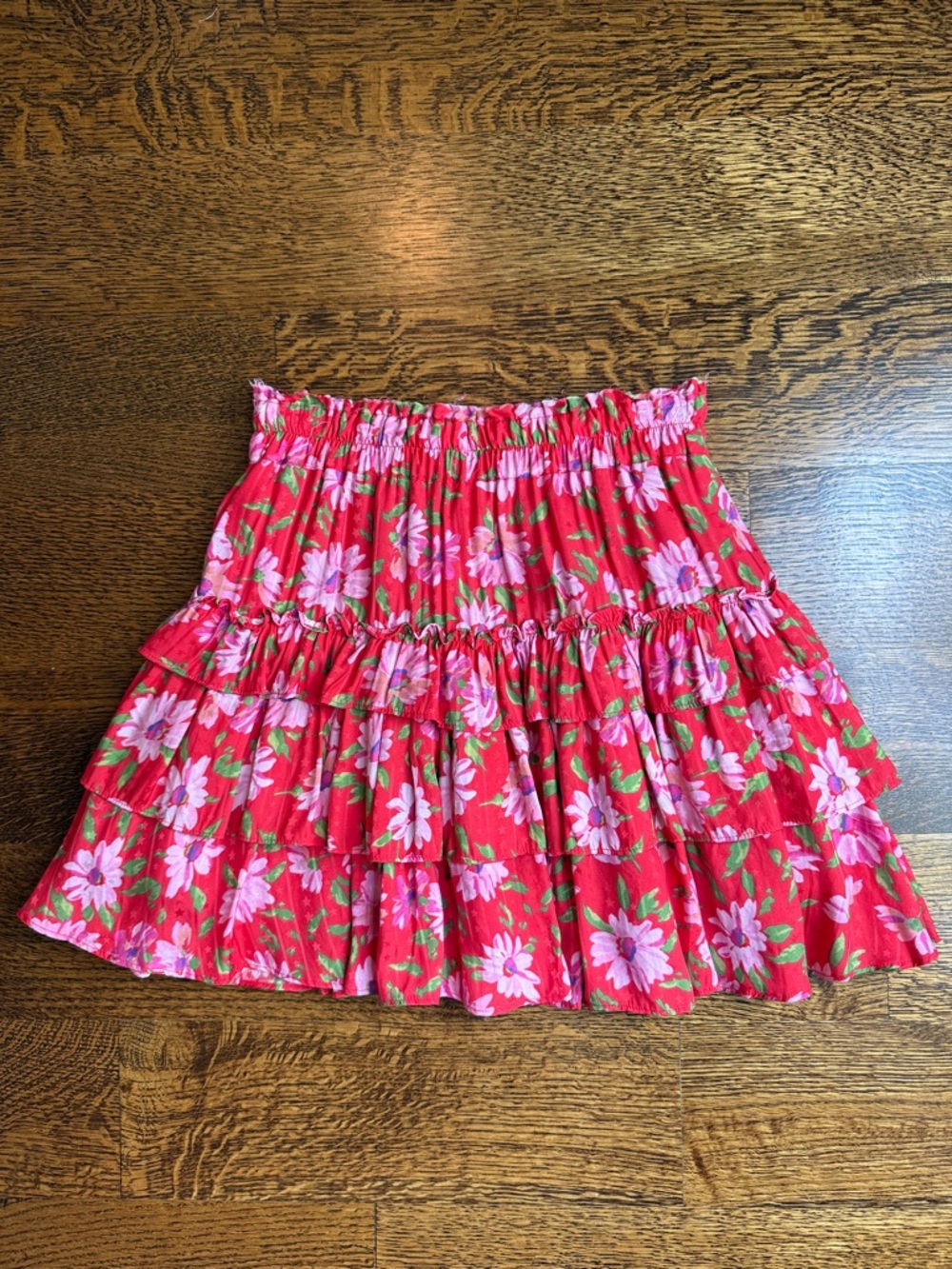 LoveShackFancy Red Floral Tiered Skirt with Pink Flowers